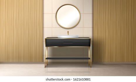 Bathroom with washbasin and gold round mirror on wall. Empty bath room or toilet interior with black table, sink, tiled wall. Stylish home or luxury hotel design. Realistic 3d vector illustration