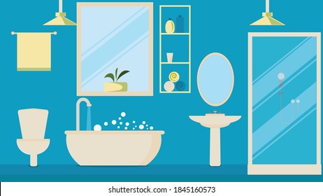 
Bathroom, washbasin, shower, toilet, window. Open window, flowerpot. Illustration.