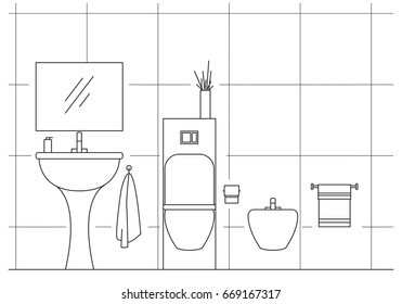 Bathroom. Washbasin, toilet, bidet. Vector illustration in a linear style.