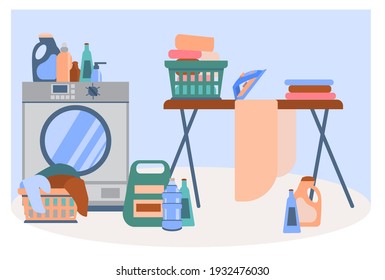 Bathroom with washing machine, washing accessories, dirty laundry in the basket, detergent, ironing board and iron. Home laundry concept.  Laundry mess. Vector illustration in a flat style.