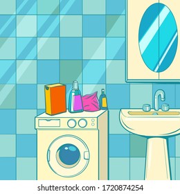 bathroom with washing machine and washbasin background. Pop art retro vector illustration kitsch vintage 50s 60s style