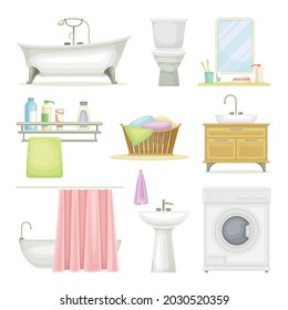 Bathroom or Washroom with Bathtub, Wash Basin and Mirror with Objects for Personal Hygiene Vector Set