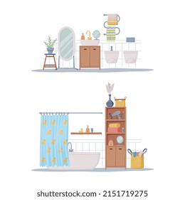 Bathroom or Washroom Interior with Cabinet, Bathtub and Laundry Basket Vector Illustration Set