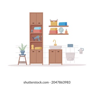 Bathroom or Washroom Interior with Cabinet for Personal Items and Sink with Tap Vector Illustration