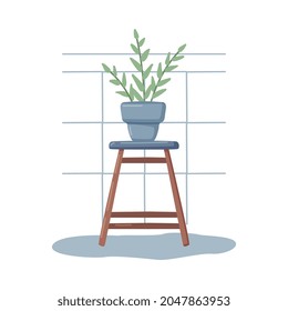 Bathroom or Washroom Interior with Houseplant on Wooden Stool Vector Illustration