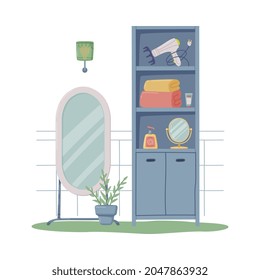 Bathroom or Washroom Interior with Mirror and Cabinet Vector Illustration