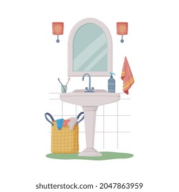 Bathroom or Washroom Interior with Sink, Mirror and Laundry Basket Vector Illustration