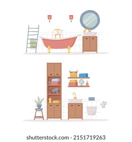 Bathroom or Washroom Interior with Sink, Mirror and Bathtub Vector Illustration Set