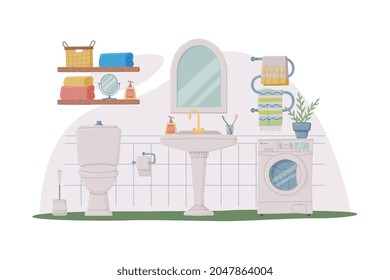 Bathroom or Washroom Interior with Sink, Washing Machine and Toilet Bowl Vector Illustration