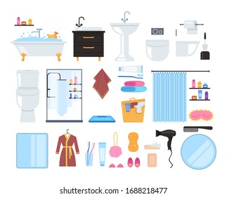 Bathroom washroom toilet elements isolated set. Vector flat graphic design cartoon illustration