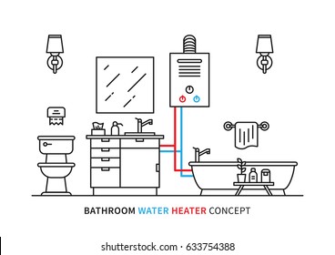 Bathroom Water Heater Geyser Vector Illustration. Bathroom Interior With Domestic Boiler Graphic Design.
