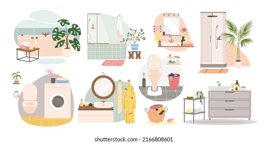 Bathroom, WC accessories and furniture set vector illustration. Cartoon collection with washing machine, washbasin and shower, bathtub and mirror isolated on white. Home interior, hygiene concept