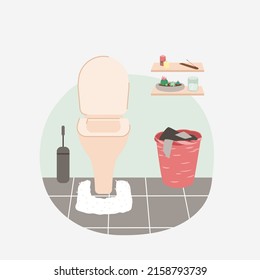 Cuarto de baño, WC o interior de baño con ilustraciones vectoriales de equipamiento sanitario. Bola de cerámica de inodoro para dibujos animados con asiento, cesta de lavado, accesorios en estante, moqueta en el suelo de baldosas aislada en blanco