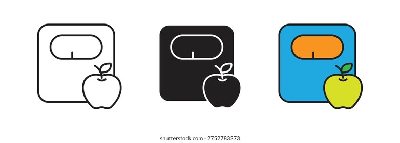 Bathroom weighing scale with a green apple symbol, representing weight loss progress, healthy diet monitoring, and fitness lifestyle goals.