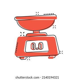 Bathroom weight scale icon in comic style. Mass measurement cartoon vector illustration on isolated background. Overweight splash effect sign business concept.