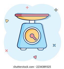 Bathroom weight scale icon in comic style. Mass measurement cartoon vector illustration on isolated background. Overweight splash effect sign business concept.