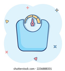 Bathroom weight scale icon in comic style. Mass measurement cartoon vector illustration on isolated background. Overweight splash effect sign business concept.
