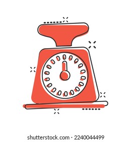 Bathroom weight scale icon in comic style. Mass measurement cartoon vector illustration on isolated background. Overweight splash effect sign business concept.