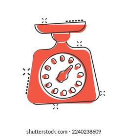 Bathroom weight scale icon in comic style. Mass measurement cartoon vector illustration on isolated background. Overweight splash effect sign business concept.
