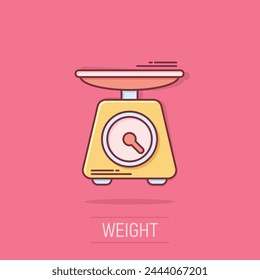 Bathroom weight scale icon in comic style. Mass measurement cartoon vector illustration on isolated background. Overweight splash effect sign business concept.