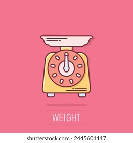 Bathroom weight scale icon in comic style. Mass measurement cartoon vector illustration on isolated background. Overweight splash effect sign business concept.