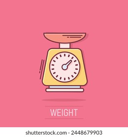 Bathroom weight scale icon in comic style. Mass measurement cartoon vector illustration on isolated background. Overweight splash effect sign business concept.