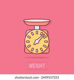 Bathroom weight scale icon in comic style. Mass measurement cartoon vector illustration on isolated background. Overweight splash effect sign business concept.
