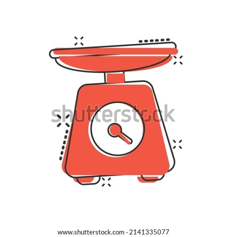 Bathroom weight scale icon in comic style. Mass measurement cartoon vector illustration on isolated background. Overweight splash effect sign business concept.