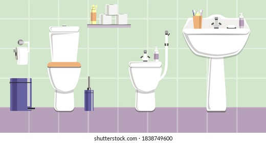 The bathroom in white and lilac tones. Vector image