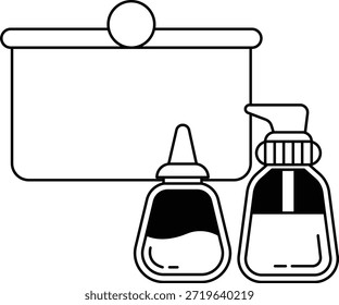 Um banheiro com uma placa branca e duas garrafas. O sinal é colocado sobre um fundo branco, enquanto os frascos são posicionados sobre um fundo preto. Conceito de organização e limpeza
