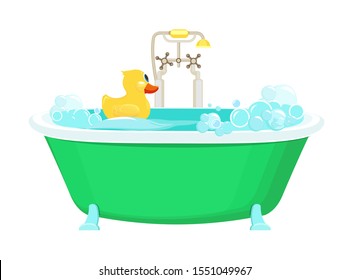 Bathroom yellow duck. Relax water foam bubbles with rubber duck shower vector picture cartoon background