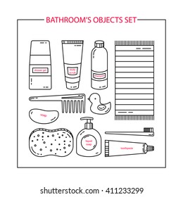 Bathrooms objects outline icon set. Vector illustration.