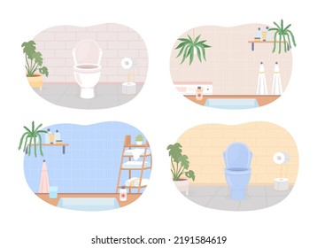 Cuartos de baño y armarios acuáticos con ilustraciones vectoriales de color plano. Higiene y sanidad. Decoración casera. Completamente editable interiores de dibujos animados 2D simples con elementos ornamentales en el pack de fondo