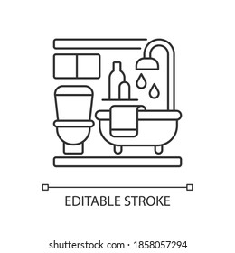 Baths pixel perfect linear icon. Bathroom in apartment. Shower in accommodation. Thin line customizable illustration. Contour symbol. Vector isolated outline drawing. Editable stroke