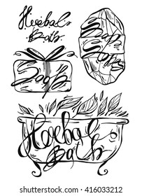 Bath,Soap and Soap Stones lined.Vector vintage hand drawn style. Design for cosmetics,store,beauty salon,natural and organic product.Can be used like a greeting card.With place for text.Bath Lettering