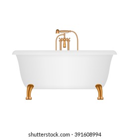 Bath-standing roll-top white with mixer for water and showerhead gold. Sanitary items for the bathroom. Isolated on white background.