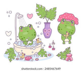 Bath-time. Cute funny frog in shower cap with rubber duck. Cartoon kawaii animal character bathes in bubble bath with rubber ducks, vase with Monstera leaves and aroma lamp. Vector illustration.