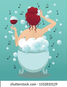 Bathtime. The Girl Takes A Bath With Music And A Glass Of Wine. Time For Spa. Colorful Vector Illustration.