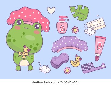 Badezeit eingestellt. Netter charmanter Cartoon Frosch in Duschhaube mit Gummiente. Cartoon kawaii Tierfigur, Badezubehör, Seife, Schwamm, Creme, Kamm, Shampoo und Kosmetik. Vektorillustration