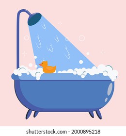 Bathtime vector illustration with bathtub and yellow rubber duck. Bubble water foam in bath and toy. Cartoon flat illustration 