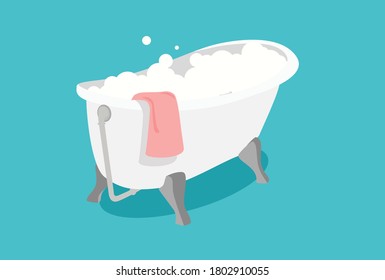 Bathtime vector illustration with soap foam and pink towel. Bath with foam and cloth towel, bubble water foam