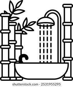 A bathtub with a bamboo shower head