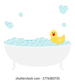 Bathtub bath tube soap foam bubble icon. Bathroom interior. Cute yellow rubber duck toy. Kawaii animal. Relax spa. Flat design. White background. Isolated. Vector illustration