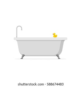 Bathtub and bath yellow rubber duck isolated on white background. Bath time in flat style vector illustration
