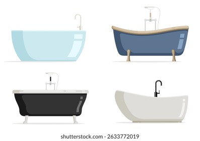 Bathtub for bathing in flat style. Vector set