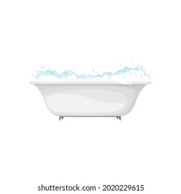 Bathtub bathroom interior object, home toilet furniture isolated realistic icon. Vector washing water basin with foamy soap, bath with white bubbles and water. Hot bath tub on legs to wash in