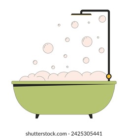 Bathtub bubble bath shower 2D linear cartoon object. Washing showering equipment isolated line vector element white background. Bathroom hygiene. Foam bathtime color flat spot illustration