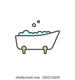 Bathtub with bubbles flat line colored icon.