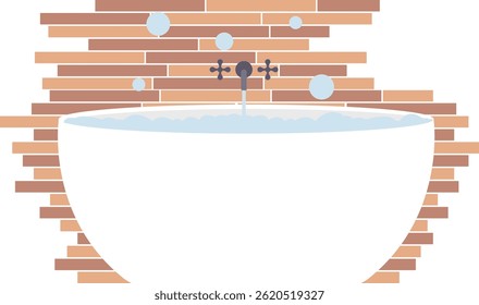 Bathtub with bubbles illustration. Cartoon bathtub with bubbles and foam. Restroom elements, body care