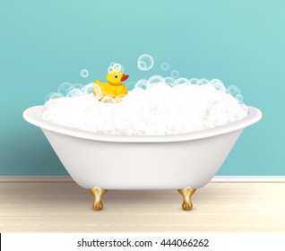 Bathtub cast a shadow on bathroom poster with foam and yellow rubber duck colored vector illustration